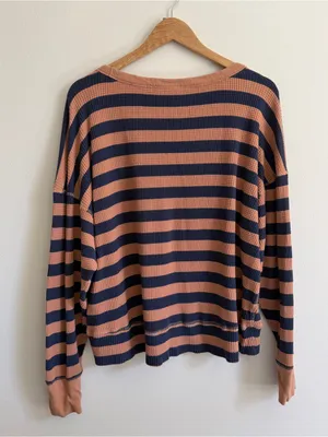Aerie Wow Waffle Henley Long Sleeve Striped Top Size Medium Navy Tan Shirt thumbnail 5