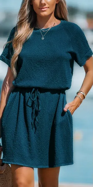 Cupshe Blue Crinkle Dolman Drawstring‎ Dress Cover Up LARGE Travel Casual NWT thumbnail 1