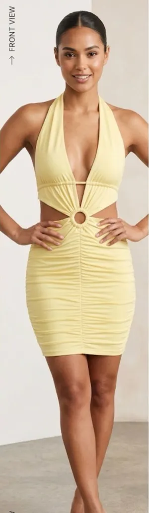 Sunbeam Halter Cutout Ruched Mini Dress Yellow Size M thumbnail 1