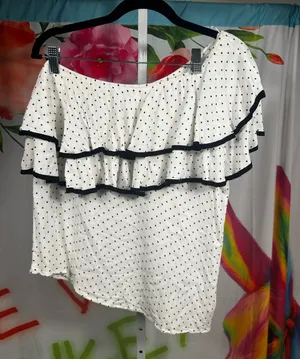 P215. Ro & De White Polka Dot One-Shoulder Ruffle Top with Black Trim thumbnail 1