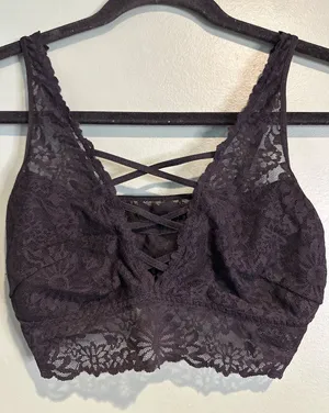 PINK Victoria's Secret Bralette Women M Black Lace Strappy Criss Cross Wireless thumbnail 1