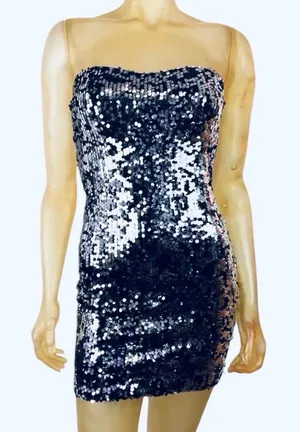 Black Silver Sequin Dress Strapless Bodycon Mini Party NYE Sexy Disco S thumbnail 1