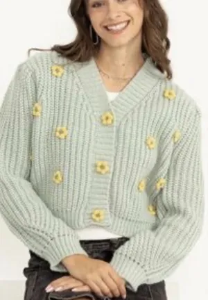 Hyfve Cardigan Sweater Mint Green w/ Yellow Daisy buttons twee‎ cottagecore sz L thumbnail 1