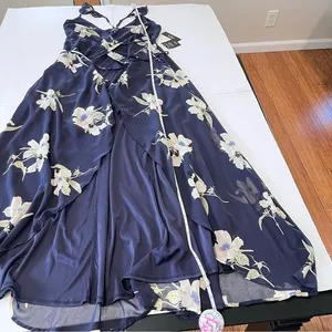 NWT Lulus All Mine Navy Blue‎ Floral Print High-Low Wrap Dress SMALL thumbnail 9