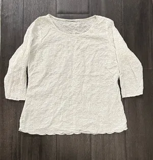 Lightweight white eyelet top with a scoop neckline and three-quarter sleeves thumbnail 1