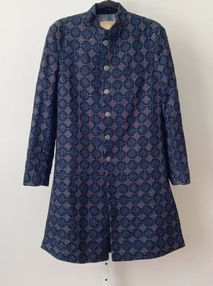 Laromani Blue Embroidered Sequin‎ Sherwani Nehru Collar Long Jacket Coat thumbnail 1