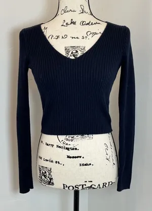 Brandy Melville V Neck Ribbed Long Sleeve Top Womens One Size‎ Navy Blue thumbnail 1