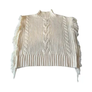 Sage The Label‎ Cream Cable Knit Fringe Trim Mock Neck Sweater Vest M thumbnail 1