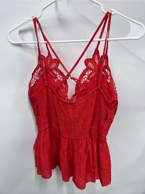 Red Lace bohemian tank top Strappy Camisole crochet peplum tiered bralette M thumbnail 8