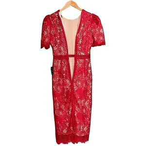NWT Lulus Amore Dress Size XS Red Crochet Lace Midi Wedding Guest Cocktail Date thumbnail 4