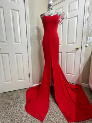 Miss Ord Red Strapless Mermaid Formal Gown Maxi Dress Slit Train - NWT Size S thumbnail 2