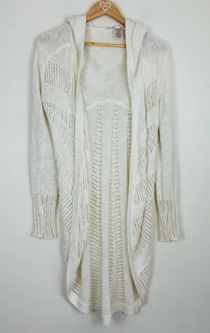 Anthropologie Moth long line cocoon open weave hooded cotton linen blend sweater thumbnail 1