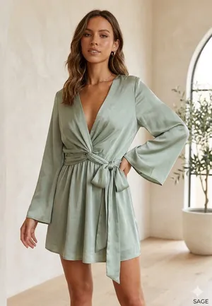 entro Sage Green Satin Mini Dress with Tie Waist thumbnail 1