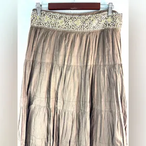 BCBGMaxAzria S Cotton Tiered Brown Embellished Beaded Waist Midi Skirt thumbnail 4