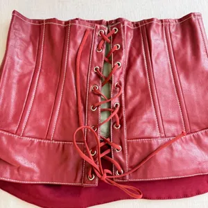 Edikted Moss Faux Leather Corset L Burgundy Y2K Lace Up Moto Bustier thumbnail 7