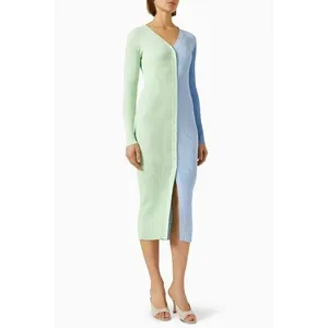 STAUD Sweater Dress Womens Shoko Size M Green Blue Ribbed Knit‎ Colorblock Midi thumbnail 3
