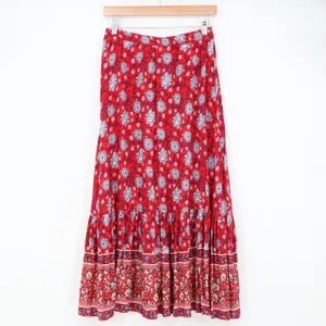Mango Maxi Skirt Womens S Casual Red Floral Tiered Bohemian Long Excellent thumbnail 3