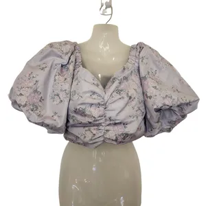 Express Purple Floral Puff Sleeve Ruched Front Chic Blouse Crop Top Size Medium thumbnail 2