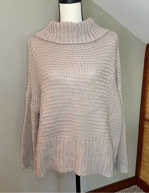 Umgee Grey Lavender Oversized Open Knit Turtleneck Sweater Small thumbnail 1