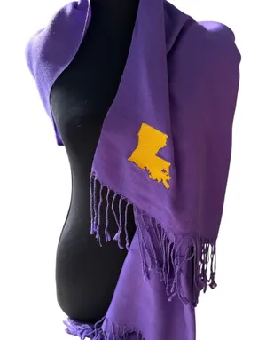 Olly Oxen Louisiana Scarf Purple Gold Embroidered State Fringe LSU Game Day thumbnail 1