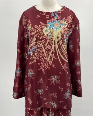 Vintage 70s Floral Print Matching Skirt Set Button Neck Tunic Midi Maroon Small thumbnail 9