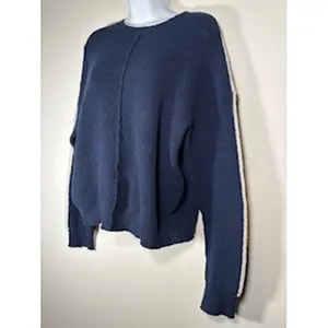 Navy Blue Sweater White Sleeve Stripe Ribbed Knit Crewneck Coastal‎ Nautical thumbnail 2