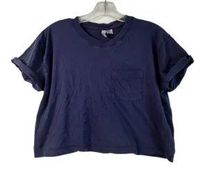 HM Divided Womens Navy Blue Crop Top Pocket Tee Rolled Sleeve Cotton Size M thumbnail 1