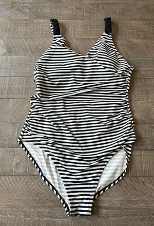 MERONA‎ Black White Striped One Piece Swimsuit Adjustable Straps Size Large thumbnail 1