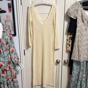 Cream Boho Sheer Knit Lightweight Long Sleeve Midi Dress Cover Up Cottagecore thumbnail 3