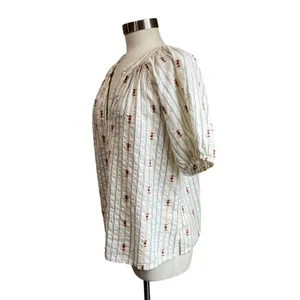 LOFT Clip Stripe Peasant Blouse M Puff Sleeve Boho Textured Feminine Top‎ thumbnail 3