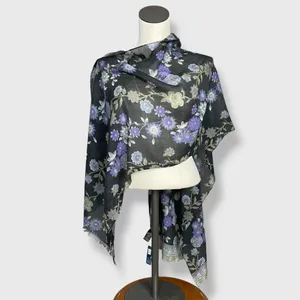Vivante Scarf Floral Gray Gauzy Viscose Wool‎ FLAWS NWT Raw Edge Fringe Boho thumbnail 2