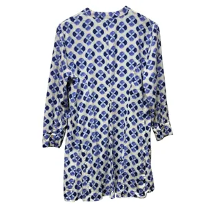 Zara Floral Linen Blend Shirt Dress Sz M Blue Geometric Artsy‎ Button Front Boho thumbnail 3