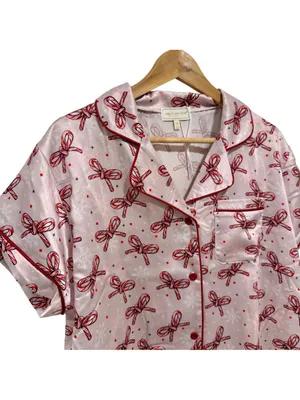 Simply Southern Candycane Bow Christmas Pajama Set Pink Satin XL Holiday PJs NWT thumbnail 6