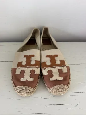 Tory Burch Double T Logo Canvas Espadrille Flats Brown Cream Size 9 thumbnail 2