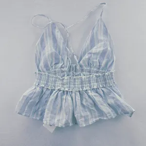 Urban Outfitters -1851 NWT Out From Under Blue Striped‎ Cami Crop Top Smocked Ruffle Hem Small thumbnail 3