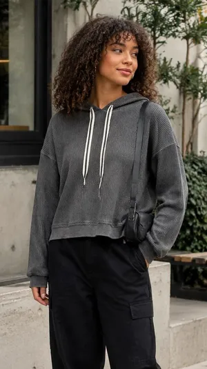 Aerie Charcoal Gray Ribbed Cropped Hoodie Size Small Oversized Pullover thumbnail 1