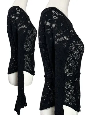 Free People Witchy Victorian Sheer Lace Flared Long Sleeve Top Black Small NWT thumbnail 6