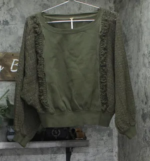 Free People Fringe Pullover Cropped Sweater Cotton Dolman Sleeve Green XS thumbnail 1