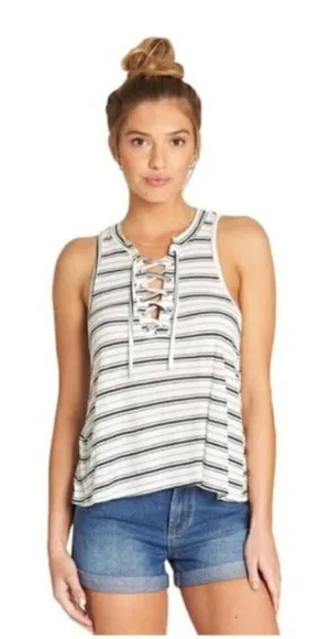 Billabong Let Loose Black & White Lace Up Tank‎ Top L thumbnail 1