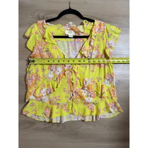 Maeve Anthropologie Ashlee Ruffled Blouse‎ 12 Yellow Floral V-Neck Sleeveless thumbnail 7
