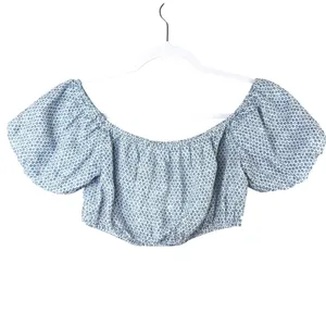 Reformation Dawson Crop‎ Top M Blue Floral Puff Sleeve Off Shoulder Cottagecore thumbnail 2