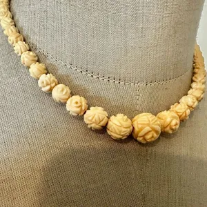 Vintage Hand-Carved Bone Bead Necklace with Floral Detail thumbnail 3
