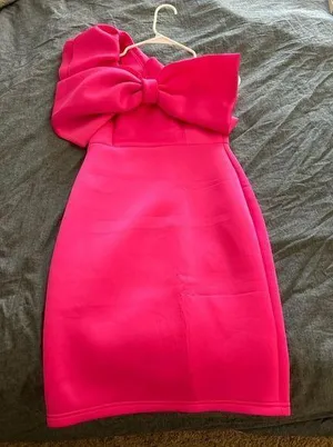 Pink bow tie one shoulder dress thumbnail 1