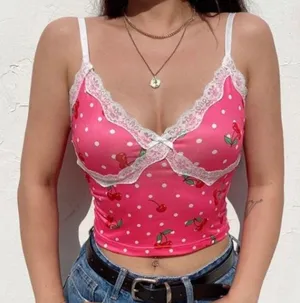 Y2K Style Lace Cami Crop Tank Top Polka Dots & Cherry print lolita thumbnail 1