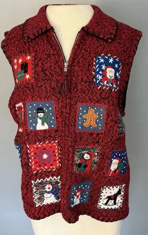 Erika VTG Ugly Christmas Sweater Vest‎ Red Size LG Embellished Zip Embroidered thumbnail 1