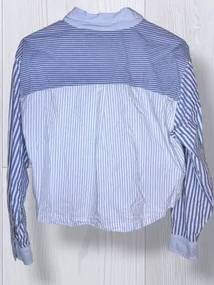 AMERICAN EAGLE Mixed Stripe Cropped Button-Up Shirt | Blue & White thumbnail 4