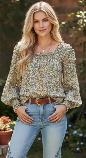 Max Studio Boho Floral Blouse Ruched Cuff Shirt Long Sleeve Chiffon Women’s Sz L thumbnail 1