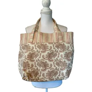 Fabric Tote Used Striped Paisley Gingham Red Beige Excellent Condition thumbnail 3