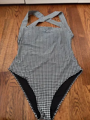 aerie Black & White Gingham One-Piece Swimsuit with Crossback Straps Size XL thumbnail 1