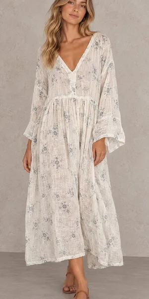 Namsar Linen Gauze Floral Print Oversized Midi Dress Size L/XL thumbnail 1